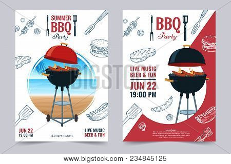 Bbq Party A4 Invitation Template. Summer Barbecue Weekend Flyer. Grill Illustration With Food Sketch