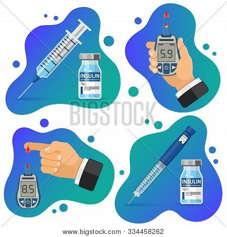 Diabetes Banners. Blood Glucose Meter And Finger With Blood Drop. Glucometer For Diagnosis Of Diabet