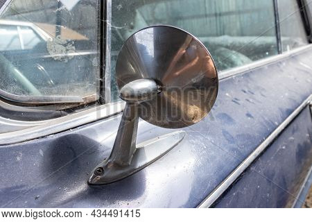 Side Mirror Of Old Abandoned Rusty Vehicles, Crushed Cars In Scrapyard, Junk Yard Needed To Be Utili