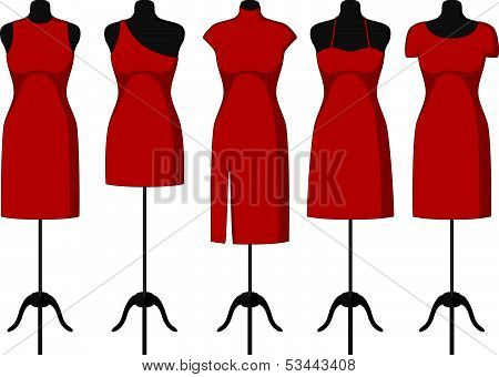 Different Cocktail and Evening Dresses on a mannequin. Vector