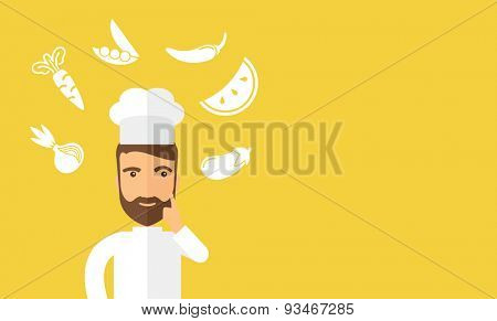 A caucasian worker trying to cook for dinner in his kitchen while looking at the cook book as his guide. Learning concept. A Contemporary style with pastel palette, soft beige tinted background