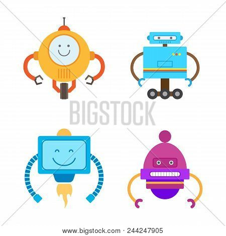 Robots Collection Types Set With Robotic Creatures Robots With Antenna And Hands, Wheels And Emotion