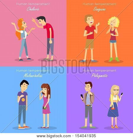 Human temperament fundamental personality types. Sanguine optimistic and social, choleric short-tempered or irritable, melancholic analytical and quiet, phlegmatic relaxed and peaceful. Vector.