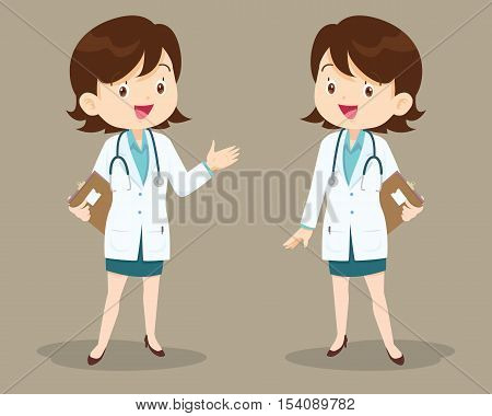 Smart woman doctor presenting in various action. character design.set of doctor character at hospital.Woman Doctor Holding Clipboard Talking Physician Hospital Checkup Patient Healthy Treatment Personnel