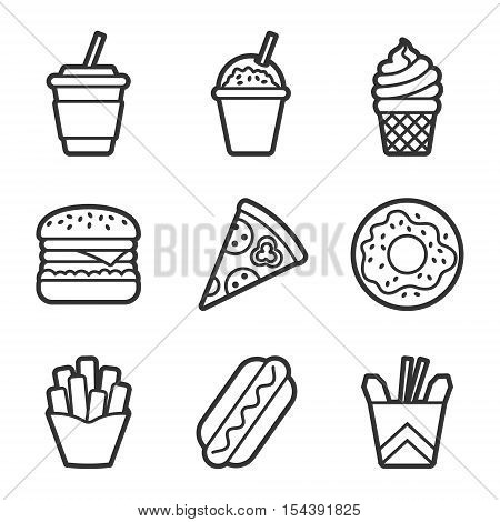 Fast food vector contour icon set. Fast food hamburger, cola, ice cream, pizza, donut, hot dog, noodles, french fries. Tasty fast food unhealthy meal. Isolated dishes on white background.