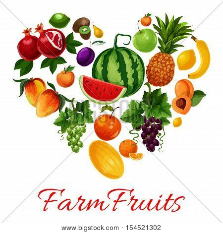 Fruits icons in heart shape. Fruit emblem of tropical and farm fruits pattern watermelon, pineapple, grape bunch, apricot, mango, melon, plum, banana, citrus lemon, lime, kiwi, pomegranate. I love fruits label for fruit products design