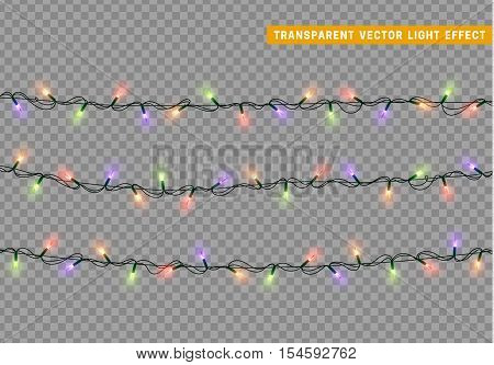 Garlands, Christmas decorations lights effects. Isolated vector design elements. Glowing lights for Xmas Holiday greeting card design. Christmas decoration realistic luminous garland