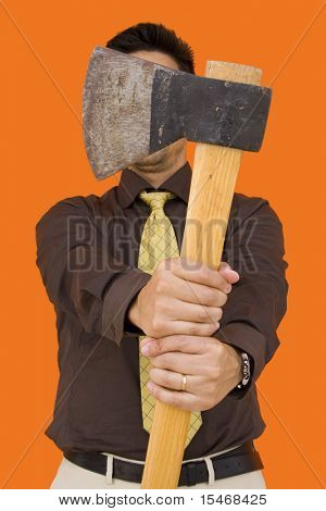 businessman with a axe for cutting expenses (focus on the axe)