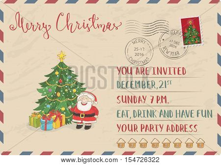 Vintage Christmas Postcard with postal stamps. Santa, wrapped gifts, decorated christmas tree cartoon vector. Invitation on holiday party. Merry Christmas and Happy New Year greeting card. Xmas letter