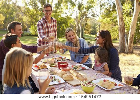 Two families making a toast at picnic at a table in a park