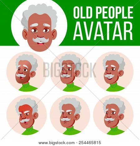 Old Man Avatar Set Vector. Black. Afro American. Face Emotions. Senior Person Portrait. Elderly Peop