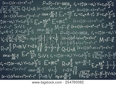 Black Board With Scientific Formula. Algebra, Mathematics And Physics Functions On Chalkboard. Schoo