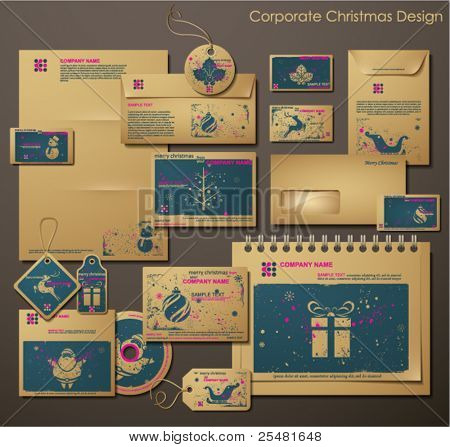 Corporate Christmas Design. Different Christmas Symbols. Two colors different material for printing  the old fashioned way, but trendy. Print on blank brown/recycled paper. Vector Illustration.