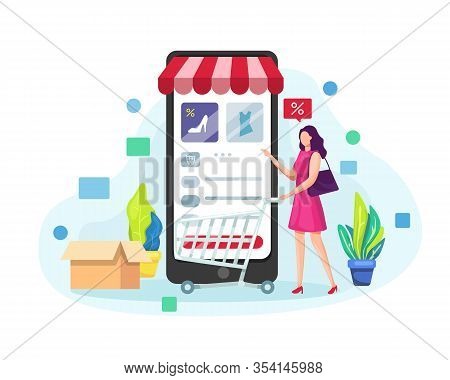 Vector Illustration Mobile Online Shopping, Women Shop Online With Smartphone, Mobile Shopping Conce