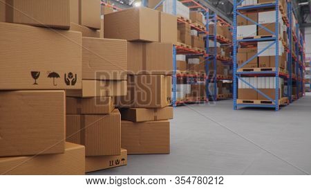 Cardboard Boxes In Middle Of The Warehouse, Logistic Center. Huge Modern Warehouse. Warehouse Filled