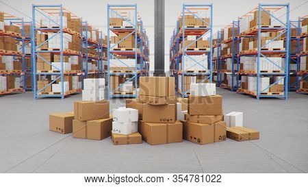 Cardboard Boxes In Middle Of The Warehouse, Logistic Center. Huge Modern Warehouse. Warehouse Filled