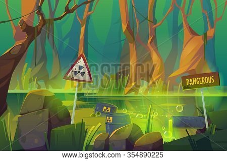 Stench Dirty Swamp With Wastewater Pipe, Toxic Waste Barrels And Warning Signs. Vector Cartoon Illus