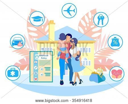 Family On Background Yellow House. Insurance Policy Points. Icons With Insurance Types. Insurance Po