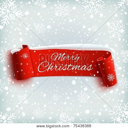 Merry Christmas celebration background with red realistic ribbon banner and snow