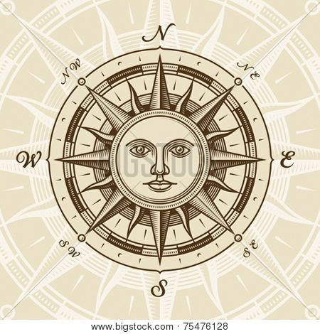 Vintage sun compass rose. Vector