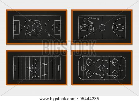 Basketball, soccer, football and ice hockey courts on chalkboard or board. Sport tactics