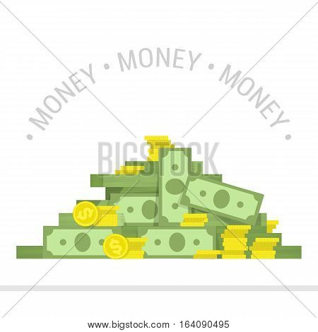 Concept of big money. Big pile of cash. Business and banking concept. Heap of cash, American dollars, pack, parcel, batch, flock, package modern design isolated on white background in flat style.