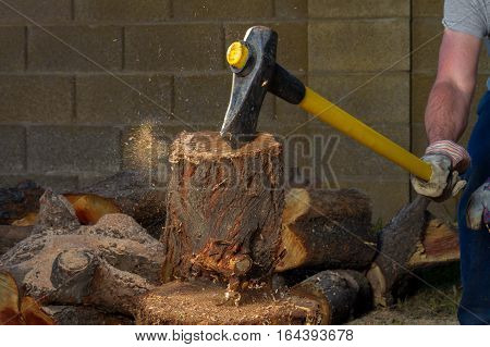 A piece of a log flies up after getting hit by an axe. The axe is stuck in the top of the log and the hands of the man who struck it are slipping off the axe handle. Sawdust is flying.