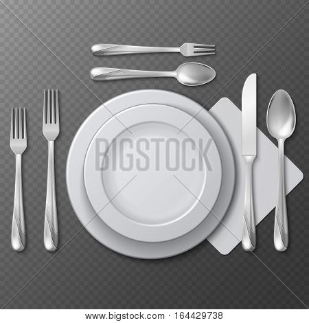 Realistic empty round plate, porcelain dish, steel fork, spoon and knife on table vector illustration. Table service etiquette plate with forks and spoons