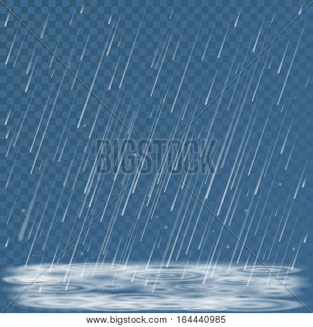 Autumn nature cold storm weather abstract background. Falling rain shower, splashes and puddles vector illustration. Cold falling rainy weather backdrop