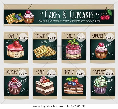 Desserts price cards set. Vector sketch cake with fruits and berries, crispy wafer, chocolate muffin, creamy pie, souffle cupcake, sweet biscuit mousse. Dessert menu banner for bakery shop, cafe, cafeteria, patisserie