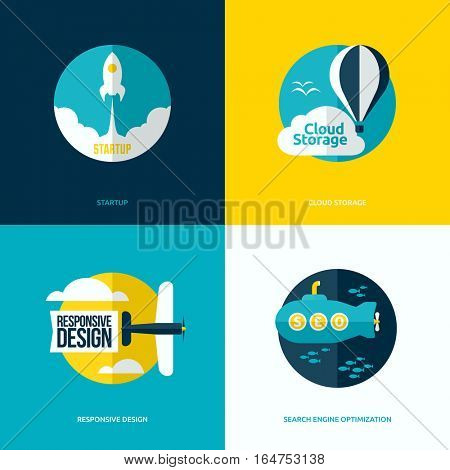 Flat vector design of the startup process, cloud storage, responsive web design and SEO with rocket, hot air balloon, plane and submarine