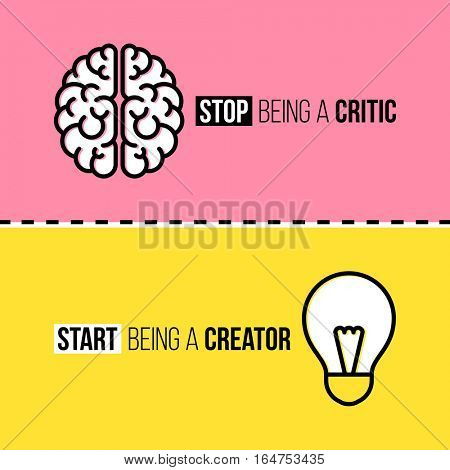 Flat line icons of brain and light bulb. Critic vs. creator concept