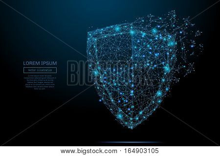 Security Shield composed of polygons. Business concept of data protection. Low poly vector illustration of a starry sky or Comos. The shield consists of lines, dots and shapes.