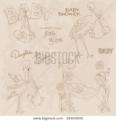 Vintage Baby Shower y llegada Doodles Set - elementos de diseño para scrapbook, invitación, tarjetas