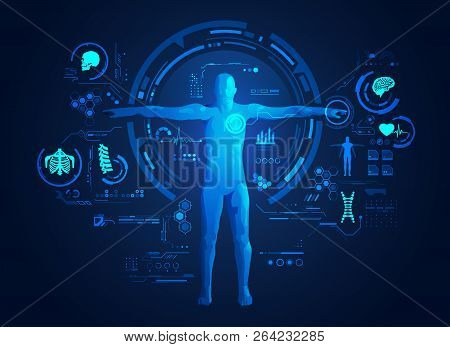 Concept Of Medical Or Health Care Technology, Shape Of Human With Digital Body Analysis Interface