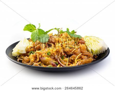 Yam Naem Khao Thot , Spicy Thai Food On White Background.