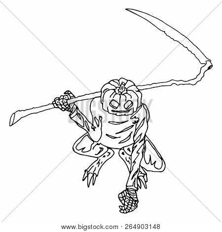 Sketch Of A Monster With Scythe. Pumpkin For Halloween. Vector Illustration Pumpkin Monster With A S