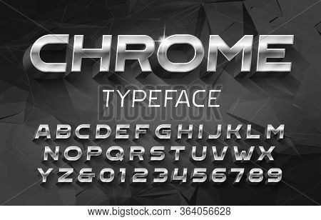 Chrome Alphabet Font. 3d Metal Effect Letters And Numbers With Shadow. Abstract Background. Stock Ve