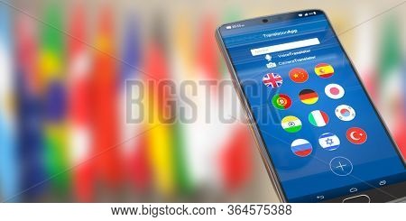 Foreign languages translation or learning languages online. Mobile phone or smartphone with dictionary app on the screen. 3d illustration