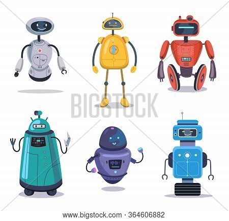 Humanoid Robotic Machine Set. Colorful Robot Characters, Cyborg, Electronic Toy. Vector Illustration