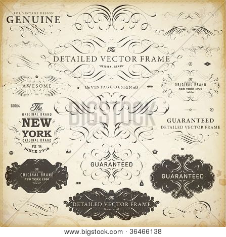 Vector set of calligraphic design elements: page decoration, Satisfaction Guarantee Label, calligraphic frames | Old paper texture with dirty grunge footprints of a cup of coffee.