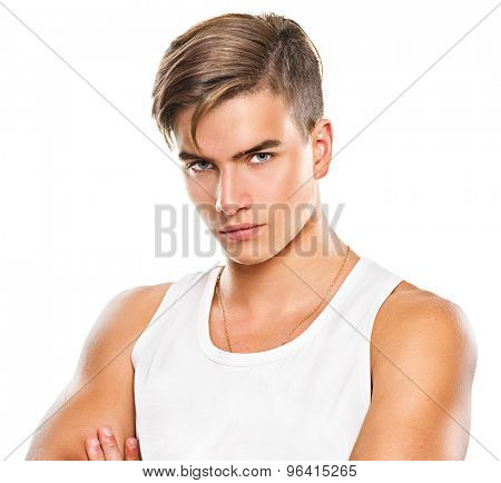 Handsome Athletic young man. Muscular teenage guy portrait. Model guy portrait isolated on white background