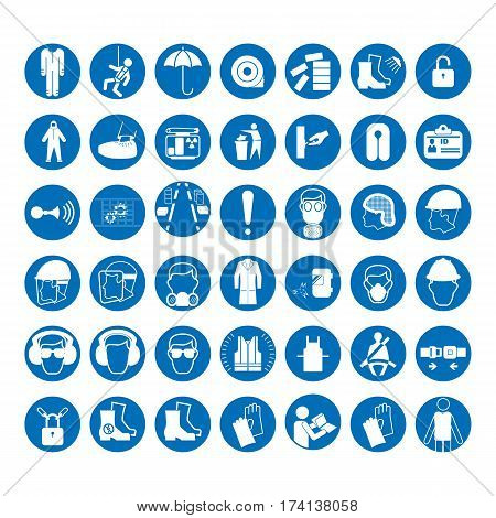 Set of safety and health protection signs. Mandatory construction and industry signs. Collection of safety equipment. Protection on work. Vector illustration.