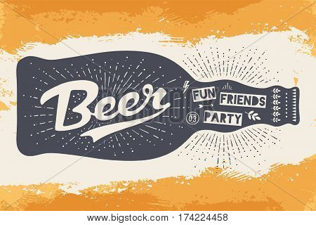 Bottle of beer with hand drawn lettering and text Beer Here for sign of Oktoberfest Beer Festival. Vintage drawing for bar, pub, beer themes. Sign with lettering on yellow background. Vector Illustration