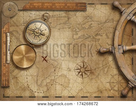 adventure and explore concept still life with old nautical world map 3d illustration (map elements are furnished by NASA)