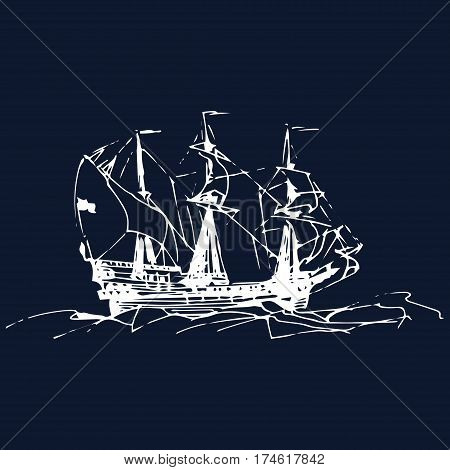 Sailing galleon ship in the ocean in ink line style. Vector hand sketched old warship. Marine theme design