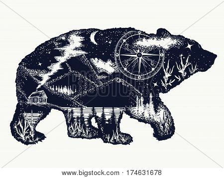 Bear double exposure tattoo art. Tourism symbol adventure great outdoor. Mountains compass. Bear grizzly silhouette t-shirt design