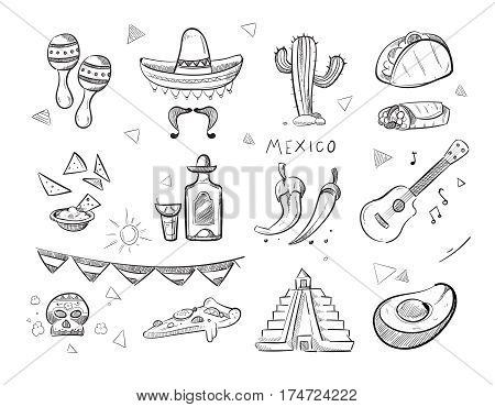 Doodle mexican food, tequila, red hot chili peppers, sombrero, guitar, tacos hand drawn vector icons. Mexican tequila and food, illustration of sketch mexican pepper and guitar