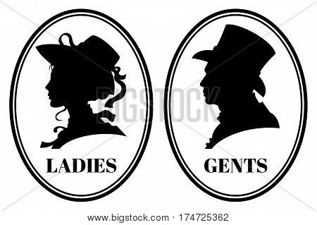 Vintage toilet wc vector sign with lady and gentleman head in victorian hats and clothes. Signs for toilet, illustration of silhouette gentleman and lady head for emblem toilet