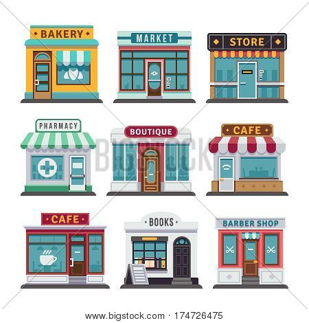 Retail business urban shop, store. Market and bakery, cafe and boutique store, vecto barber shop illustration